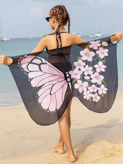 One-Piece Tween Girl Swimsuit With Bow, Floral Print Cover-Up Summer Holiday