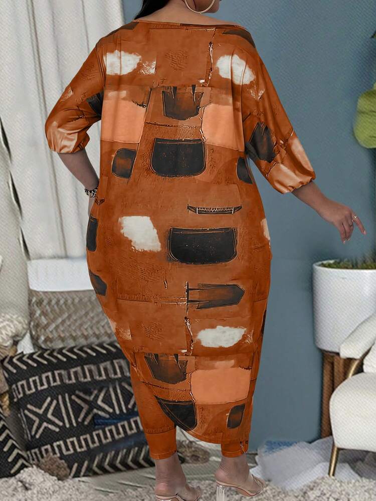 Plus Size Asymmetric Hem Long Top With Leggings Two Pieces Set