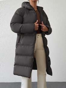 RueChic Zip Up Hooded Puffer Coat - Black - View 1