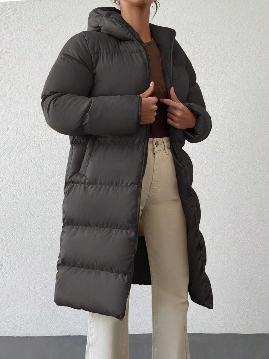 RueChic Zip Up Hooded Puffer Coat - Black - View 1