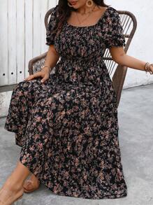 SHEIN LUNE Plus Size Women Fashionable Summer Square Neck Floral Dress - Black - View 6