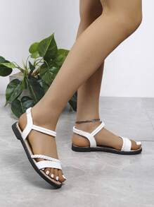 女士平底凉鞋，新款夏季系带松紧窄带沙滩凉鞋，平底罗马凉鞋，加大码