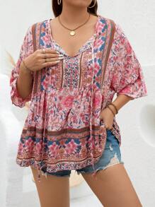 Breezaya Vintage Printed Shirt For Vacation, Plus Size With Tie-Front Peplum Top