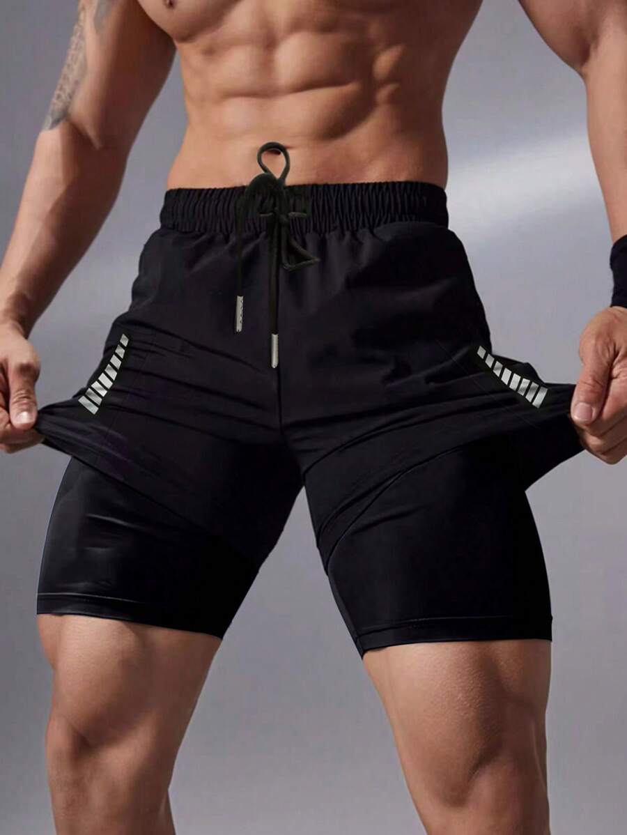 Manfinity Running Boyfriend Style Men Letter Graphic Drawstring Waist Sports Shorts With Compression Liner Gym Shorts Jogger Shorts Sweat Pants Black Shorts - Black - View 1