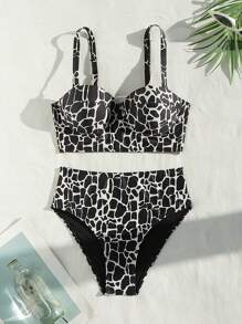 SHEIN Swim Bộ bikini in họa tiết hình học tinh khiết cho kỳ nghỉ dành cho nữ, in họa tiết, ngẫu nhiên, hỗ trợ thép mùa hè - Đen và trắng - Xem 6