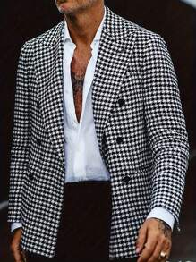 Men Houndstooth Print Double Breasted Blazer - Black and White - View 1
