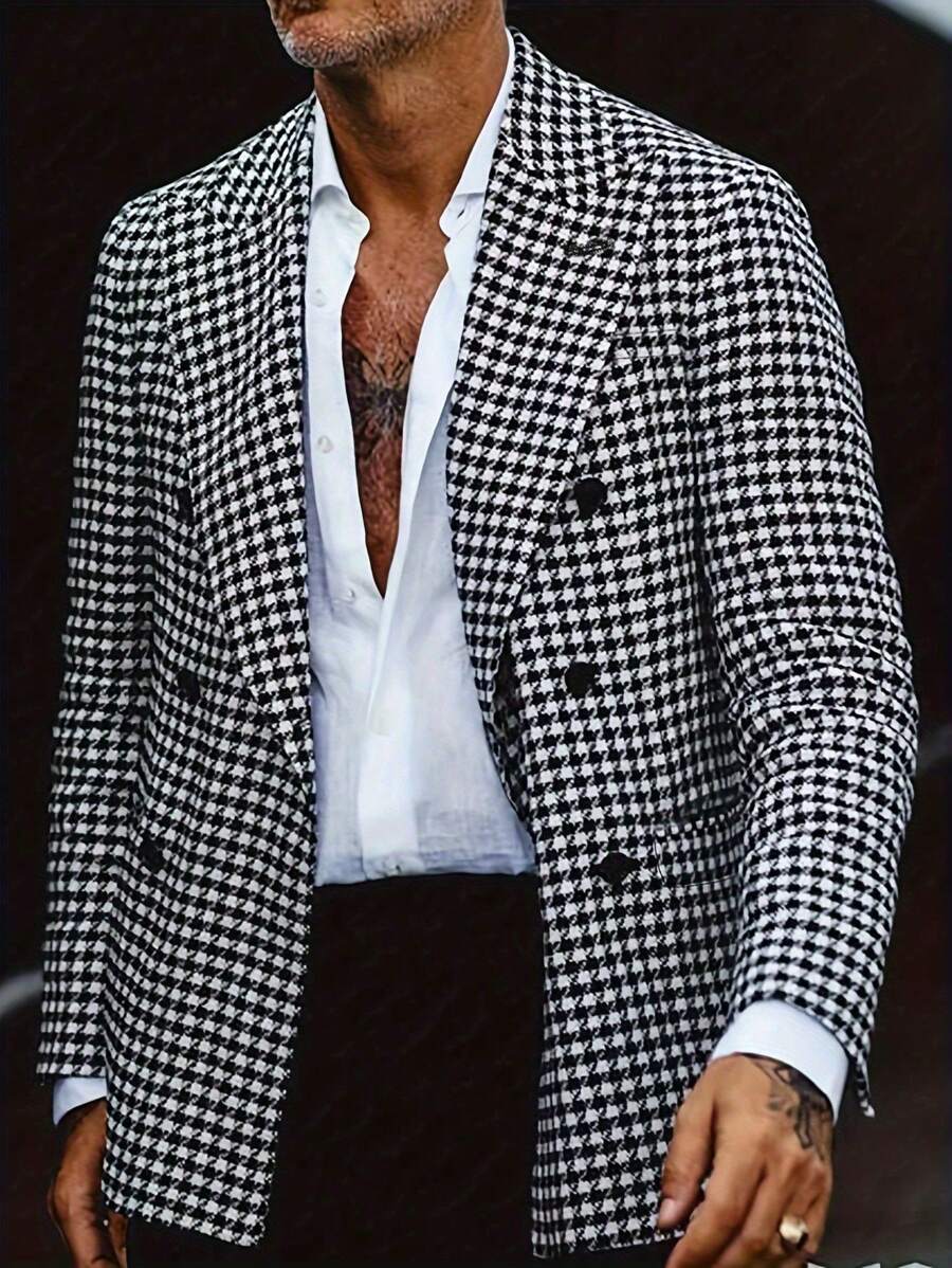 Men Houndstooth Print Double Breasted Blazer - Black and White - View 1
