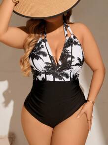 Swim Lushoire Plus Size Summer Beach Color Block Coconut Tree Print Spliced Halterneck One-Piece Swimsuit - Multicolor - View 3