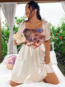 SHEIN SunnyBelle Váy cổ vuông in tranh sơn dầu cỡ lớn cho nữ - Nhiều màu - Xem 5