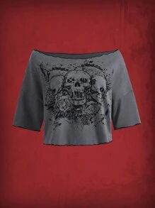 ROMWE Grunge Punk Skull Print Crop Tee, School - Grey - View 1