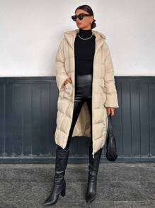 EURMUSE Puffer Coat With Zipper, Hood, Two Square Shape Pockets - Champagne - View 3