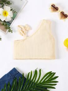 Baby Girl Simple Solid Asymmetrical Neck Top - Apricot - View 2