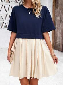 Contrast Color Block Short Sleeve Dress, Spring/Summer - Navy Blue - View 4