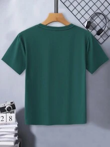 適合青少年男孩春夏季穿著的印有汽車圖案短袖日常休閒T恤 - 墨綠色 - 查看 2