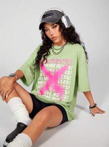 SHEIN EZwear Women's Graffiti Slogan Print Tie-Dye Washed Loose T-Shirt - Green - View 2