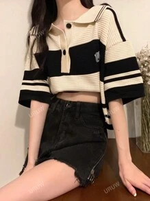 Women's Summer Color Block Drop Shoulder Loose Casual Polo Collar Knit Top