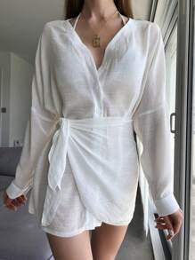 SHEIN Swim 夏季海灘女性休閒日常穿著長袖綁帶連身裙 - 白色 - 查看 1