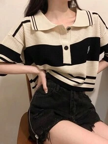 女式夏季拼色落肩宽松休闲 Polo 领针织上衣