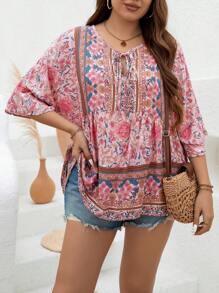 Breezaya Vintage Printed Shirt For Vacation, Plus Size With Tie-Front Peplum Top