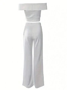 VaVaBold Conjunto De Top Y Pantalones Sólidos De Hombros Descubiertos Para Mujeres - Blanco - Ver 2