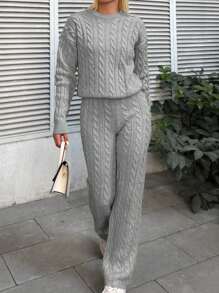 SHEIN Cottnline Solid Color Cable Knit Drop Shoulder Sweater And Knitted Pants Two Piece Set - Light Grey - View 3