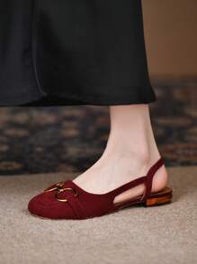 2025 Autumn Ladies" Fashionable Metal Shoes With Back Strap And Flat Heels, Versatile And - Burgundy - View 5