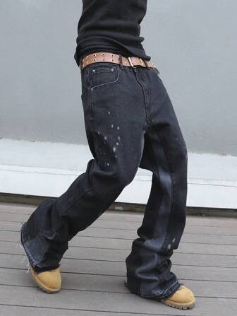 Manfinity Roghcode Men's Street Fashion Color Block Straight Leg Jeans With Frayed Hem Design Baggy Long Distressed Dark Jean Cargo Plain Blue Party Wear Rapper Going Out Hang Out Commute Street, Grunge