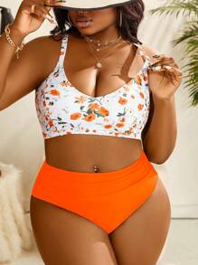 SHEIN Swim Curve Bãi biển mùa hè Plus Size Ditsy Floral Cami Top và bộ đồ bơi tóm tắt hình tam giác rắn - Nhiều màu - Xem 4