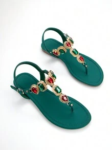 女士魅力復古風格，鑲嵌水鑽對比色鏈扣裝飾，綠色萊卡布料拖鞋，開放式脚趾低跟涼鞋，適用於日常或派對