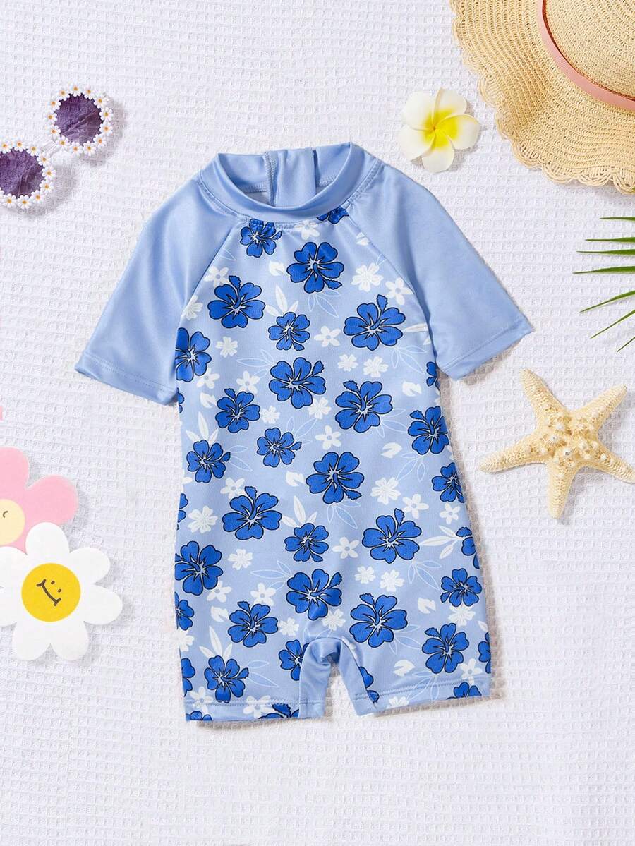 SHEIN Áo tắm dệt kim in hoa cho bé gái - Màu xanh lam - Xem 1