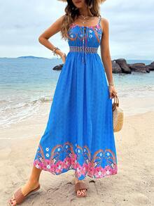 SHEIN VCAY Women's Floral Print Pleated Bust Cami Dress - Blue - View 6