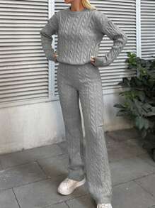 SHEIN Cottnline Solid Color Cable Knit Drop Shoulder Sweater And Knitted Pants Two Piece Set - Light Grey - View 4