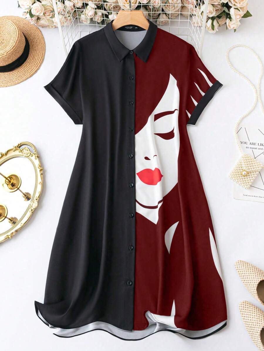 SHEIN LUNE 大尺碼花卉印花休閒短袖襯衫連衣裙,帶翻領和拼接設計,適用於春夏季節 - 酒紅色 - 查看 1