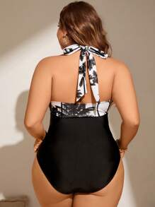 Swim Lushoire Plus Size Summer Beach Color Block Coconut Tree Print Spliced Halterneck One-Piece Swimsuit - Multicolor - View 2