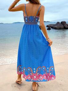 SHEIN VCAY Women's Floral Print Pleated Bust Cami Dress - Blue - View 2