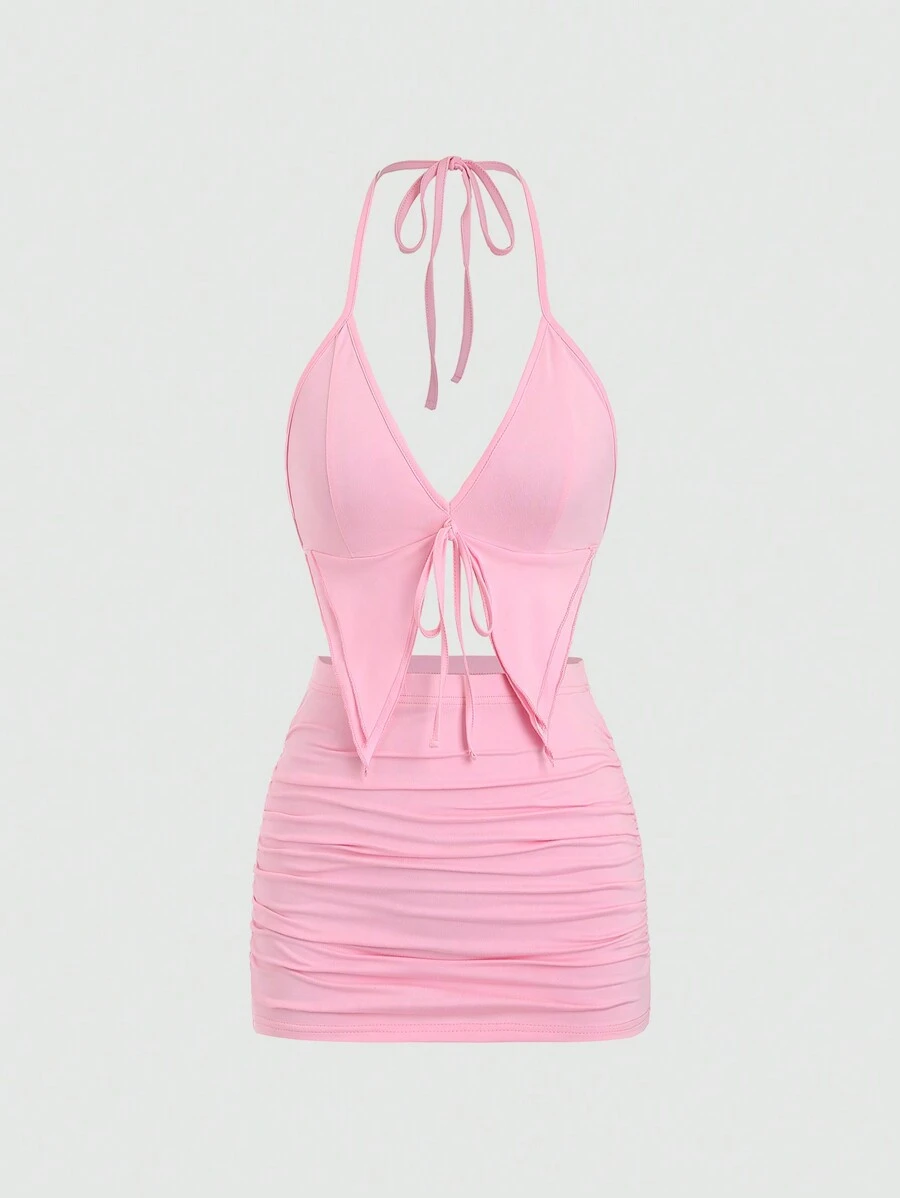 EgrlEra Women's Black Y2K Sexy Sequins 2pcs Deep V-Neck Tie Front Camisole & Mini Skirt Set. Suitable For New Year's Eve Parties, Valentine's Date Nights And Any Party Occasions. Cute And Flattering. - Pink - View 1