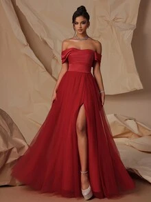 Vestido de noche formal de mujer VIPGIRL con hombros descubiertos, malla y cintura alta en contraste