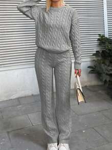 SHEIN Cottnline Solid Color Cable Knit Drop Shoulder Sweater And Knitted Pants Two Piece Set - Light Grey - View 7