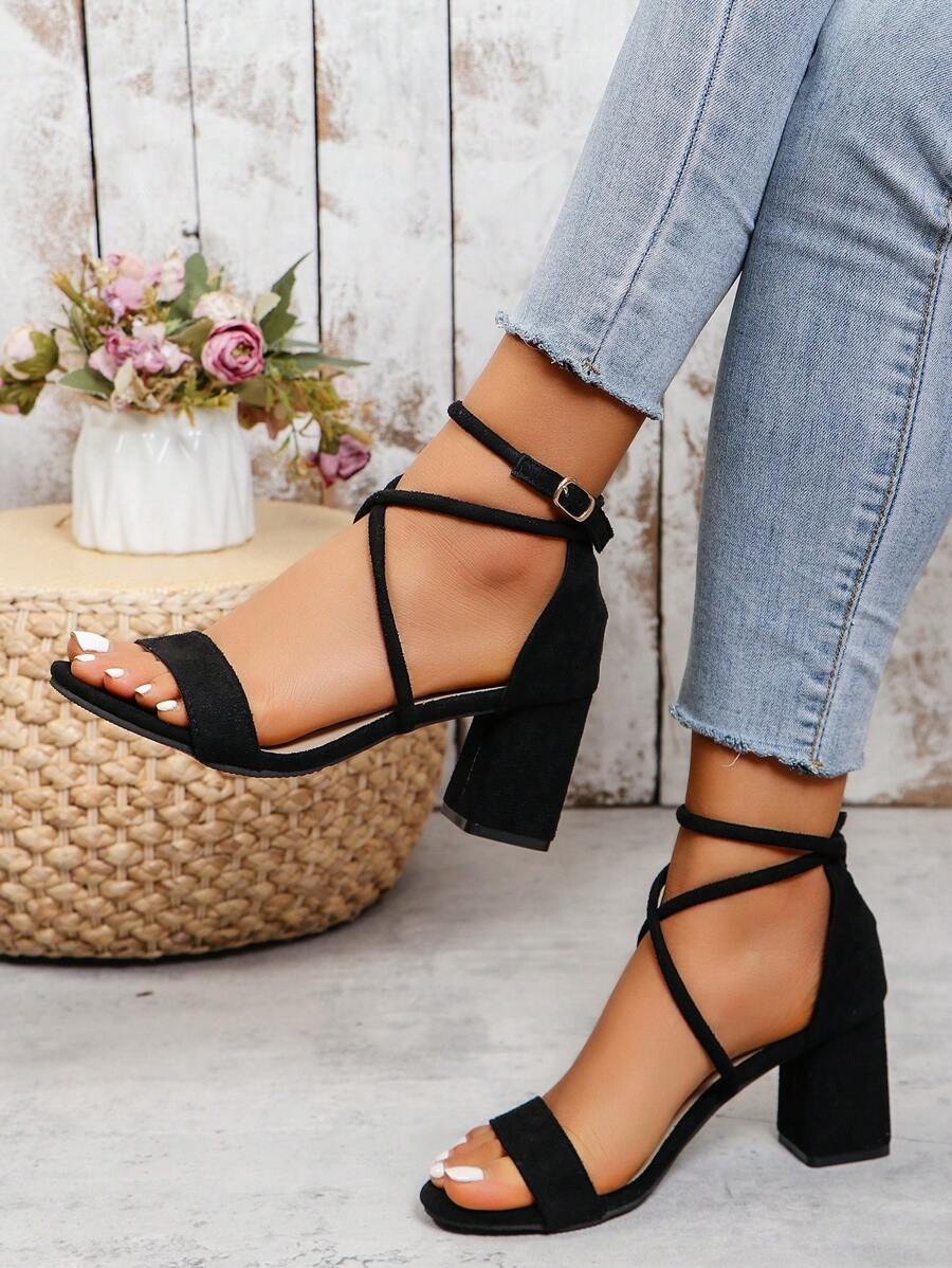 Women Black Suede Cross Strap High Heel Sandals With Faux Suede, Chunky Heels, Open Toe, And Simple Style - Black - View 1