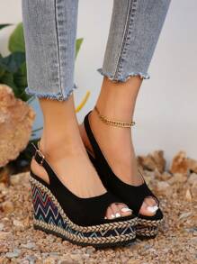 Spring/Summer New Women Fashionable Back Strap Wedge Sandals With Flower Print Packaging And  Rope Decoration And Super High Thick Sole (Color Of The Packaging Flower Print Is Shipped Randomly)