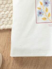 青少女鄉村風花印短袖T恤和打底褲夏季套裝（2件/組） - 彩色 - 查看 3