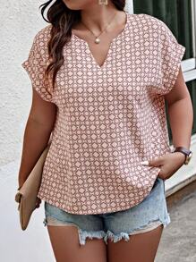 SHEIN LUNE Áo sơ mi in hoa ngẫu nhiên cổ chữ V cỡ lớn có cổ chữ V cho mùa hè - Hồng - Xem 4