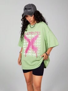 SHEIN EZwear Women's Graffiti Slogan Print Tie-Dye Washed Loose T-Shirt - Green - View 6