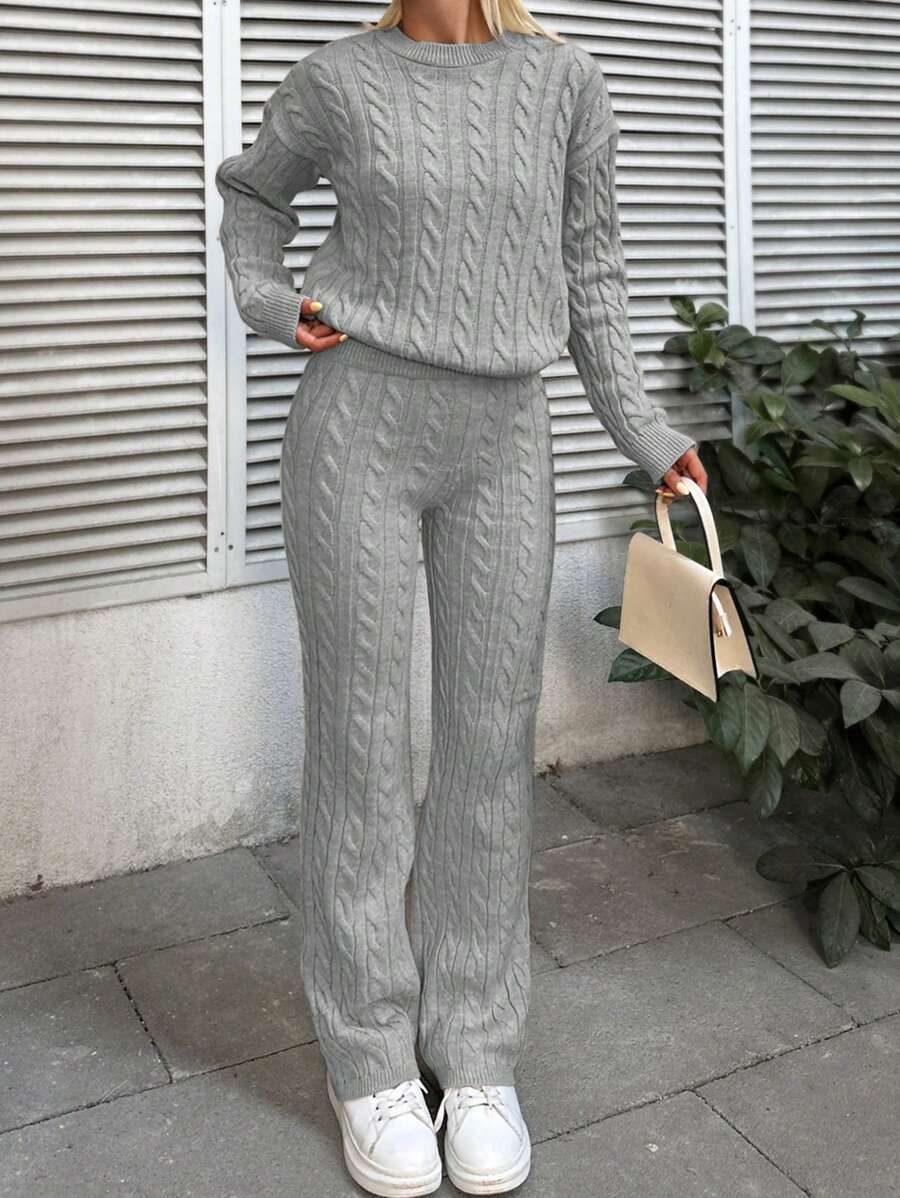 SHEIN Cottnline Solid Color Cable Knit Drop Shoulder Sweater And Knitted Pants Two Piece Set - Light Grey - View 1