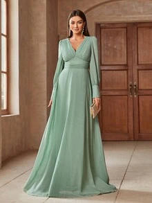 Vestido elegante de manga larga con cuello en V de unicolor para mujer, para fiesta y primavera - Verde - Ver 4