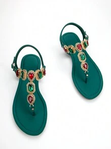 女士魅力復古風格，鑲嵌水鑽對比色鏈扣裝飾，綠色萊卡布料拖鞋，開放式脚趾低跟涼鞋，適用於日常或派對