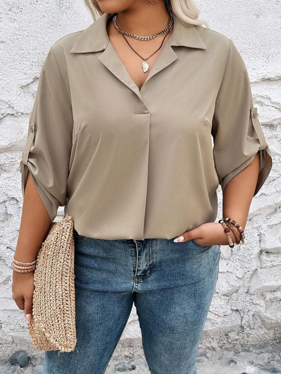 Celure Plus Size Màu Trơn Áo Sơ Mi Xuân Hè Thường Ngày Hàng Ngày - Màu Khaki - Xem 1