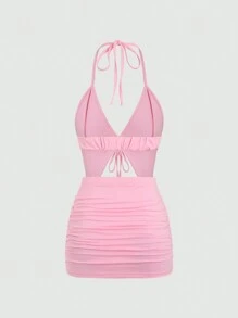 EgrlEra Women's Black Y2K Sexy Sequins 2pcs Deep V-Neck Tie Front Camisole & Mini Skirt Set. Suitable For New Year's Eve Parties, Valentine's Date Nights And Any Party Occasions. Cute And Flattering. - Pink - View 2