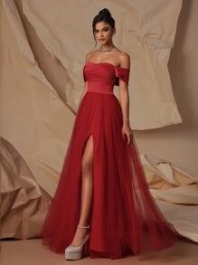 Vestido de noche formal de mujer VIPGIRL con hombros descubiertos, malla y cintura alta en contraste