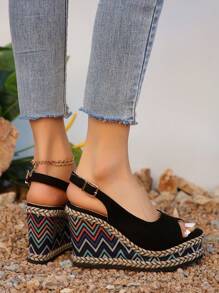 Spring/Summer New Women Fashionable Back Strap Wedge Sandals With Flower Print Packaging And  Rope Decoration And Super High Thick Sole (Color Of The Packaging Flower Print Is Shipped Randomly)